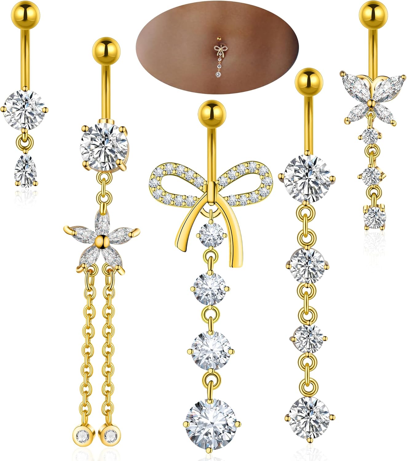 Belly Button Rings Gold Plated Silver Pink Clear CZ Belly Rings for Women Heart Bow Flower Butterfly Teardrop Dangle Navel Belly Button Piercing Jewelry - 我的商店我的商店我的商店