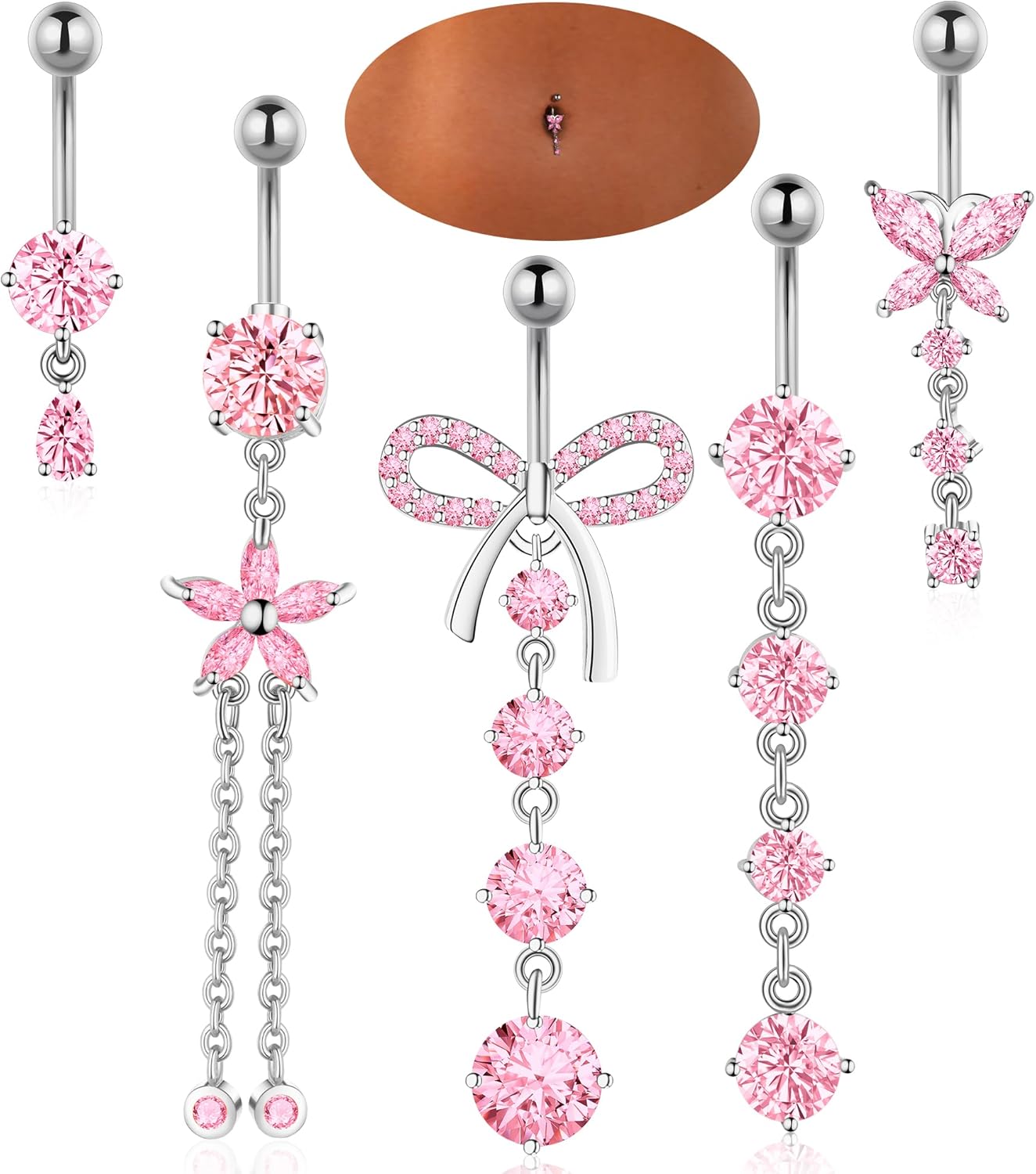 Belly Button Rings Gold Plated Silver Pink Clear CZ Belly Rings for Women Heart Bow Flower Butterfly Teardrop Dangle Navel Belly Button Piercing Jewelry - 我的商店我的商店我的商店