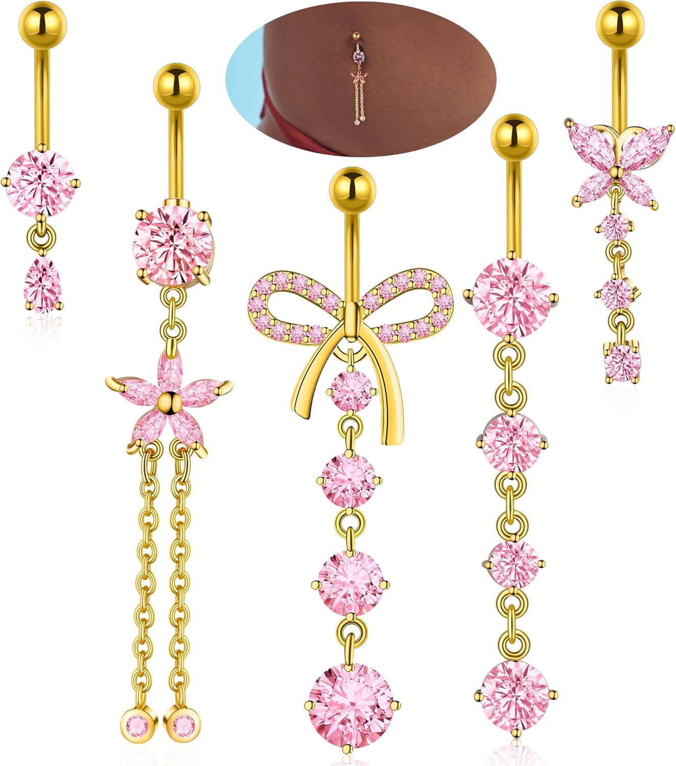 Belly Button Rings Gold Plated Silver Pink Clear CZ Belly Rings for Women Heart Bow Flower Butterfly Teardrop Dangle Navel Belly Button Piercing Jewelry - 我的商店我的商店我的商店