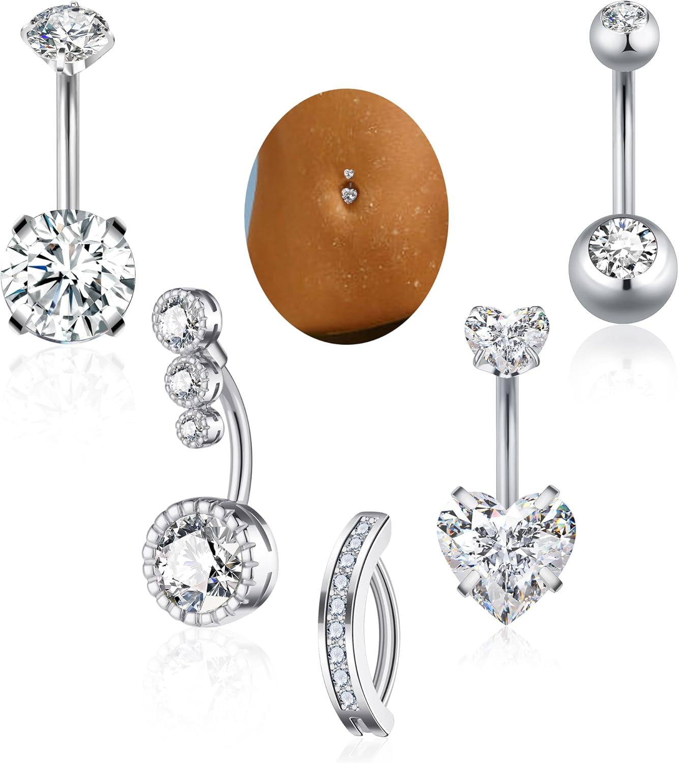 Belly Button Rings Gold Plated Silver Pink Clear CZ Belly Rings for Women Heart Bow Flower Butterfly Teardrop Dangle Navel Belly Button Piercing Jewelry - 我的商店我的商店我的商店