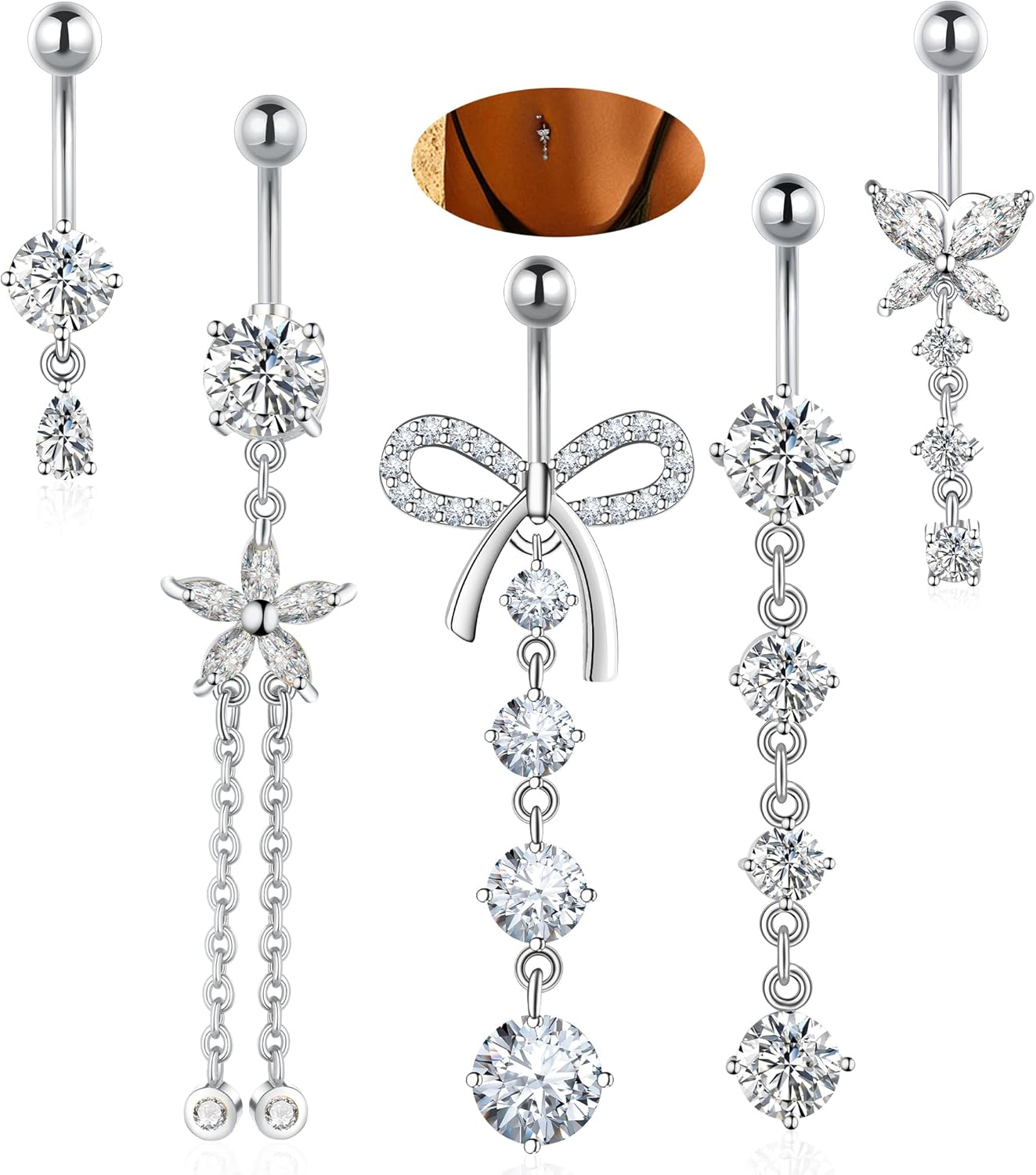 Belly Button Rings Gold Plated Silver Pink Clear CZ Belly Rings for Women Heart Bow Flower Butterfly Teardrop Dangle Navel Belly Button Piercing Jewelry - 我的商店我的商店我的商店