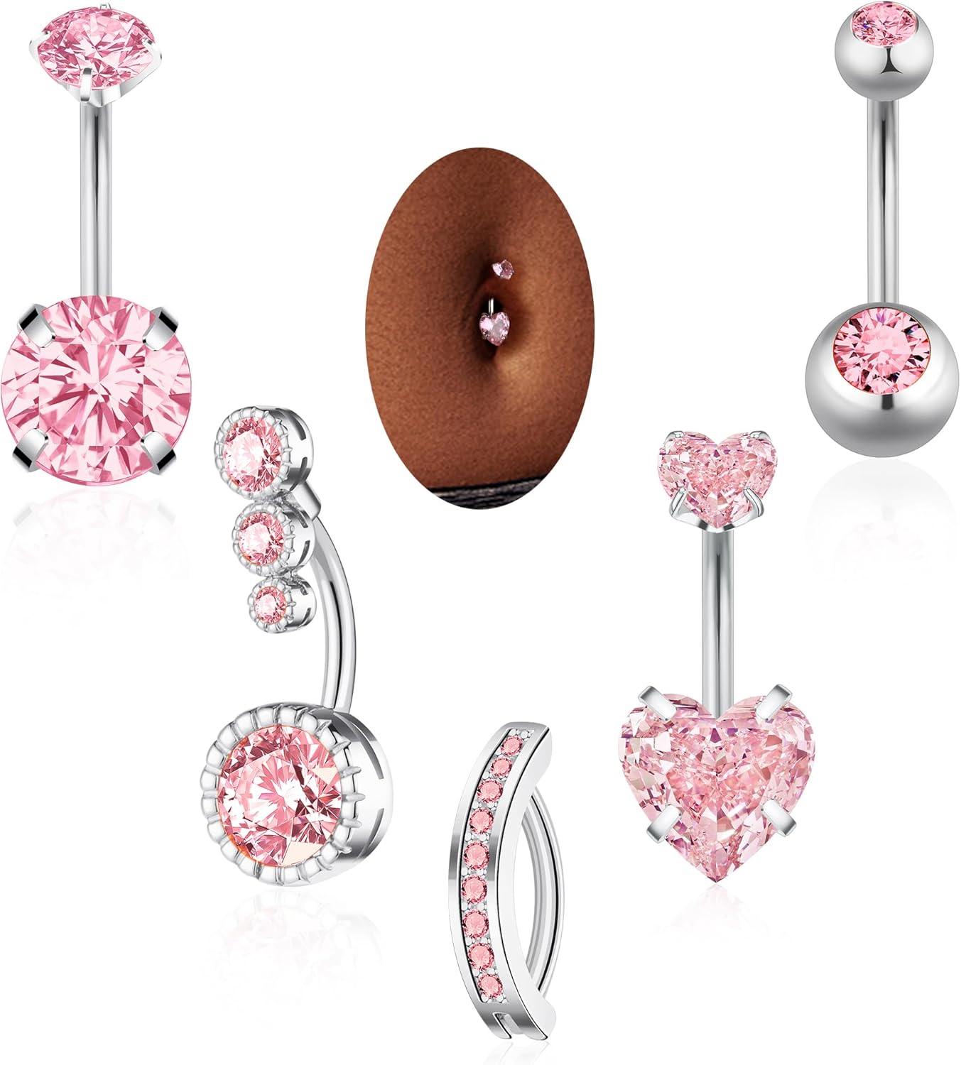 Belly Button Rings Gold Plated Silver Pink Clear CZ Belly Rings for Women Heart Bow Flower Butterfly Teardrop Dangle Navel Belly Button Piercing Jewelry - 我的商店我的商店我的商店