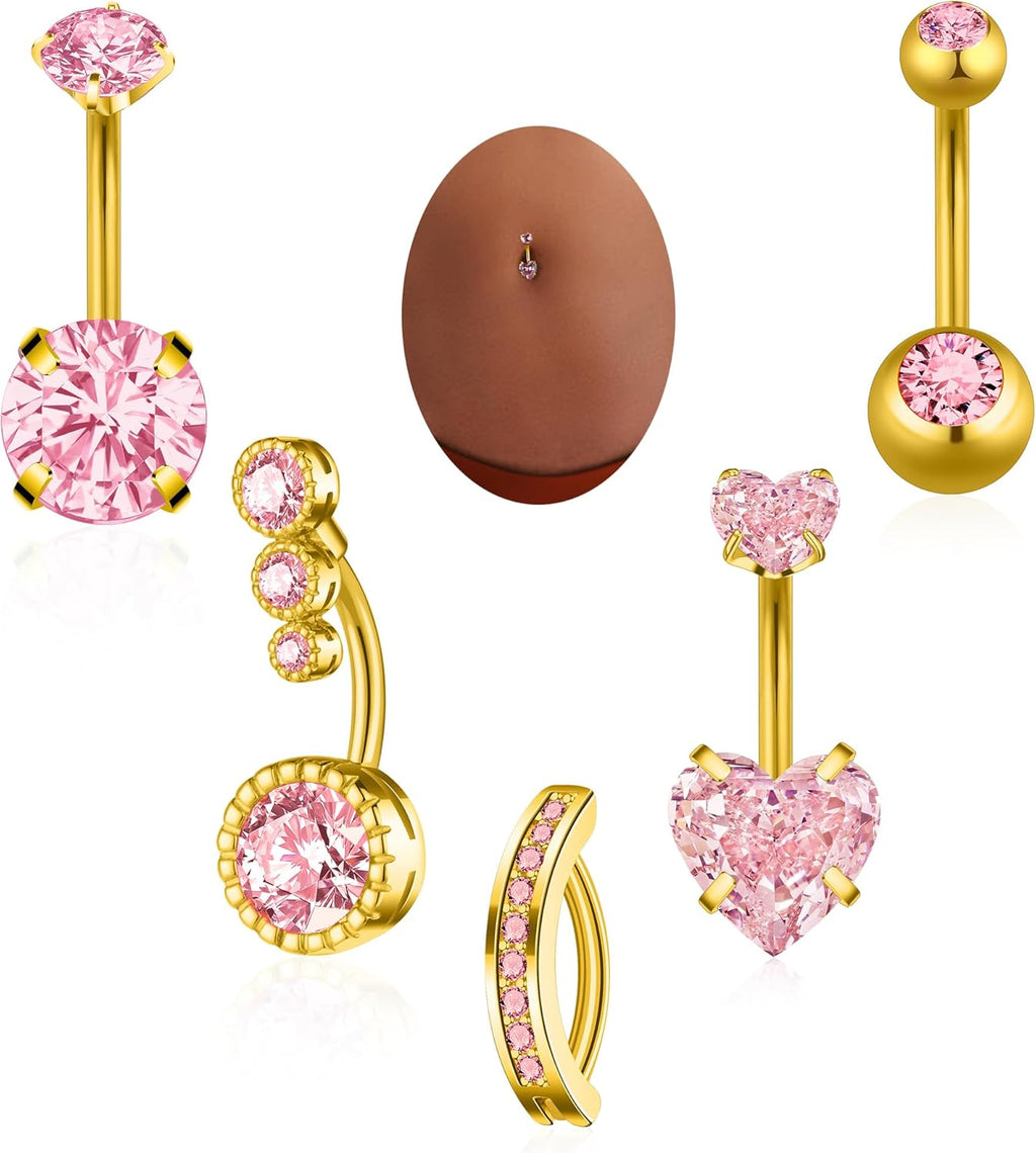 Belly Button Rings Gold Plated Silver Pink Clear CZ Belly Rings for Women Heart Bow Flower Butterfly Teardrop Dangle Navel Belly Button Piercing Jewelry - 我的商店我的商店我的商店