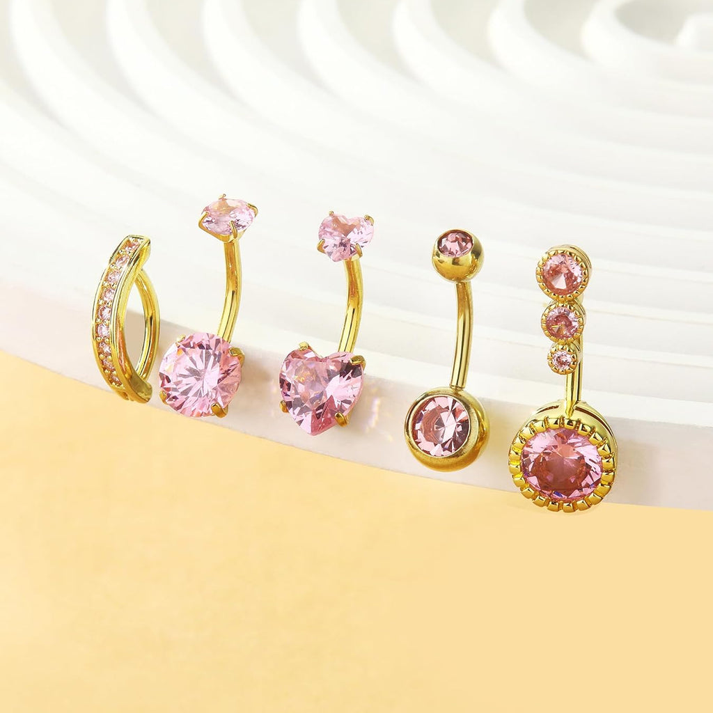 Belly Button Rings Gold Plated Silver Pink Clear CZ Belly Rings for Women Heart Bow Flower Butterfly Teardrop Dangle Navel Belly Button Piercing Jewelry - 我的商店我的商店我的商店