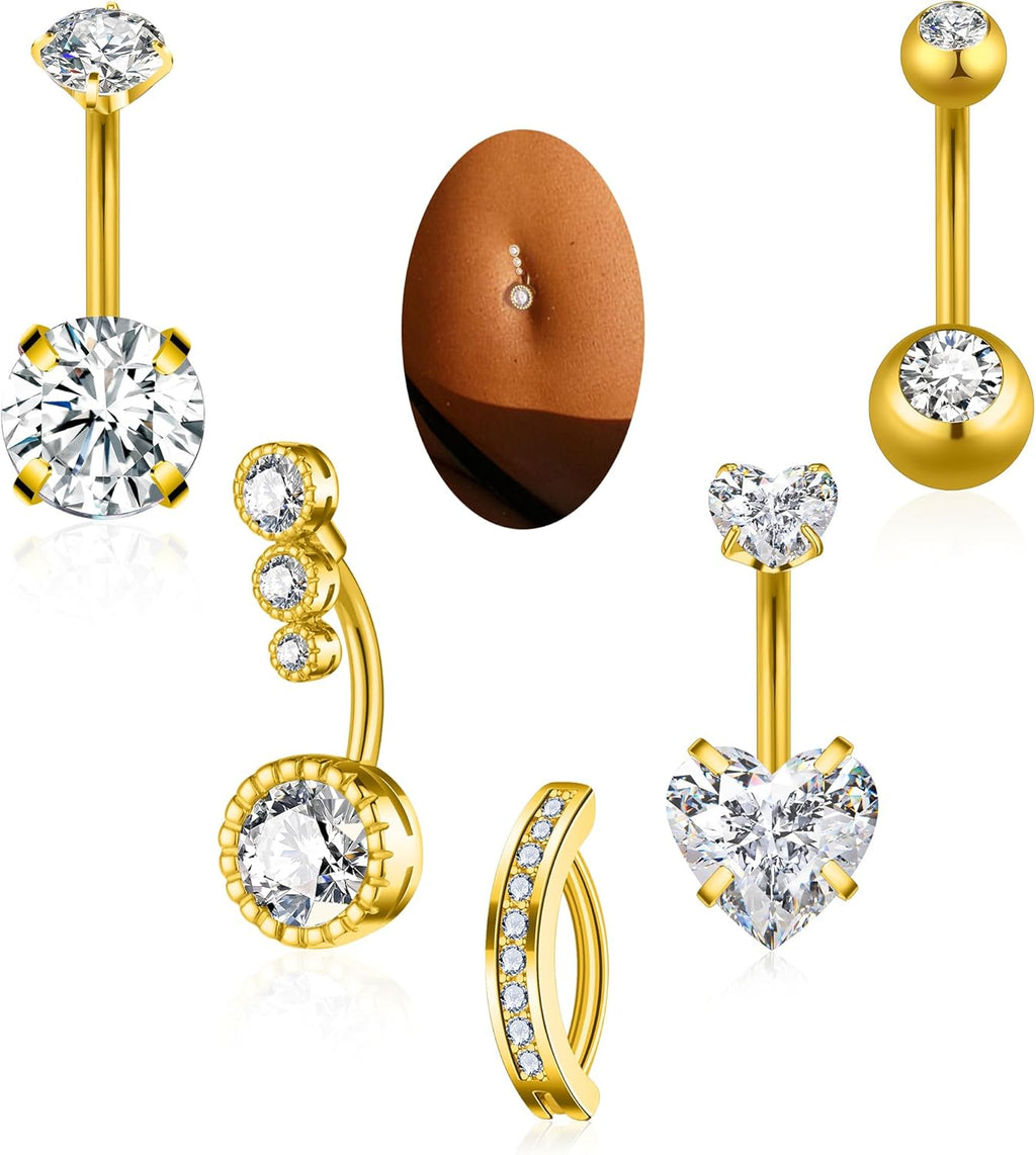 Belly Button Rings Gold Plated Silver Pink Clear CZ Belly Rings for Women Heart Bow Flower Butterfly Teardrop Dangle Navel Belly Button Piercing Jewelry - 我的商店我的商店我的商店