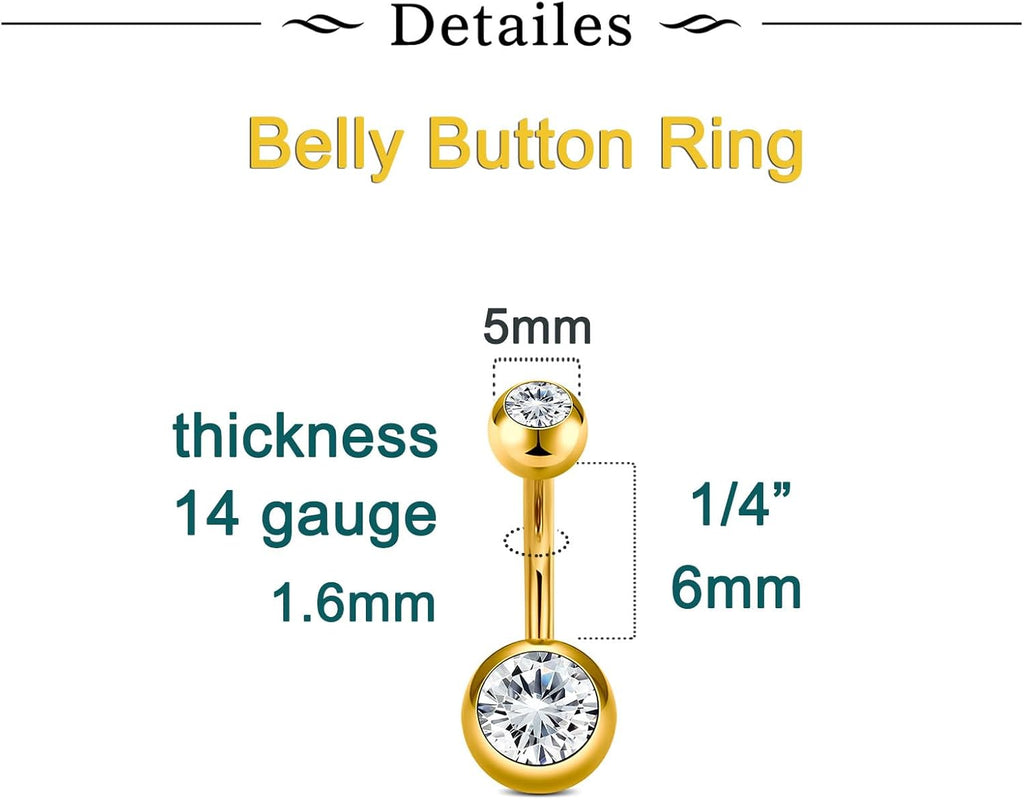 Belly Button Rings Short Bar for Women Stainless Steel Belly Ring Navel Piercing Jewelry 14g Colorful Ball Pack 6mm 1/4” 8mm 5/16“ 10mm - 我的商店我的商店我的商店