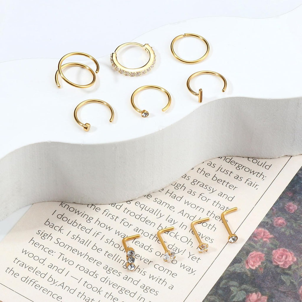 Besteel 14K Gold Filled Nose Ring Studs 20G Nose Rings Hoops Stud 316L Stainless Steel Nose Rings Round CZ Heart L Shaped Nose Stud Hypoallergenic Nostril Piercing Jewelry for Women Men 10Pcs - QIAO CrystalQIAO CrystalQIAO Crystal