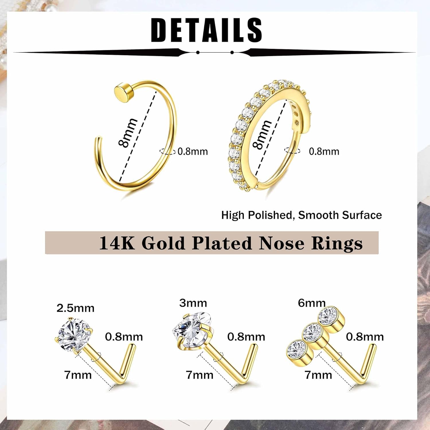 Besteel 14K Gold Filled Nose Ring Studs 20G Nose Rings Hoops Stud 316L Stainless Steel Nose Rings Round CZ Heart L Shaped Nose Stud Hypoallergenic Nostril Piercing Jewelry for Women Men 10Pcs - QIAO CrystalQIAO CrystalQIAO Crystal