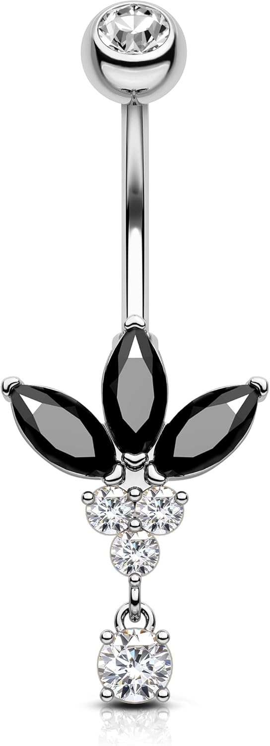 Black Lotus Belly Button Rings, 14G Gold Dangle Belly Navel Rings for Women, Stainless Steel Belly Navel Piercing Jewelry - 我的商店我的商店我的商店