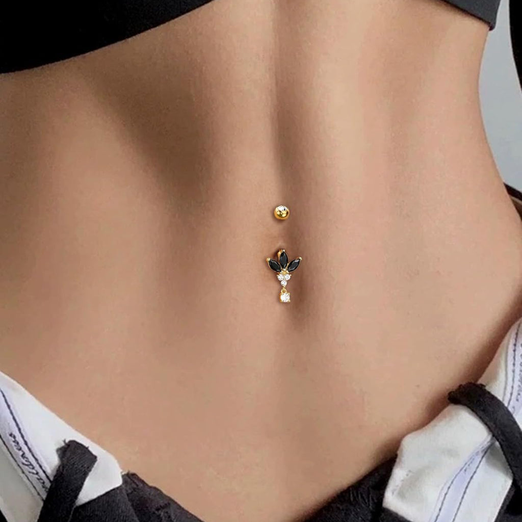 Black Lotus Belly Button Rings, 14G Gold Dangle Belly Navel Rings for Women, Stainless Steel Belly Navel Piercing Jewelry - 我的商店我的商店我的商店