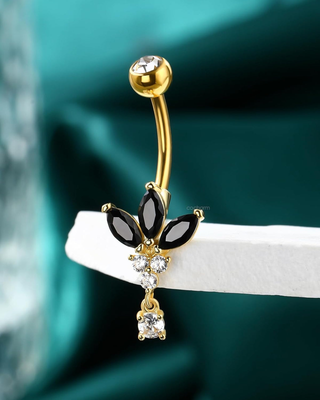 Black Lotus Belly Button Rings, 14G Gold Dangle Belly Navel Rings for Women, Stainless Steel Belly Navel Piercing Jewelry - 我的商店我的商店我的商店