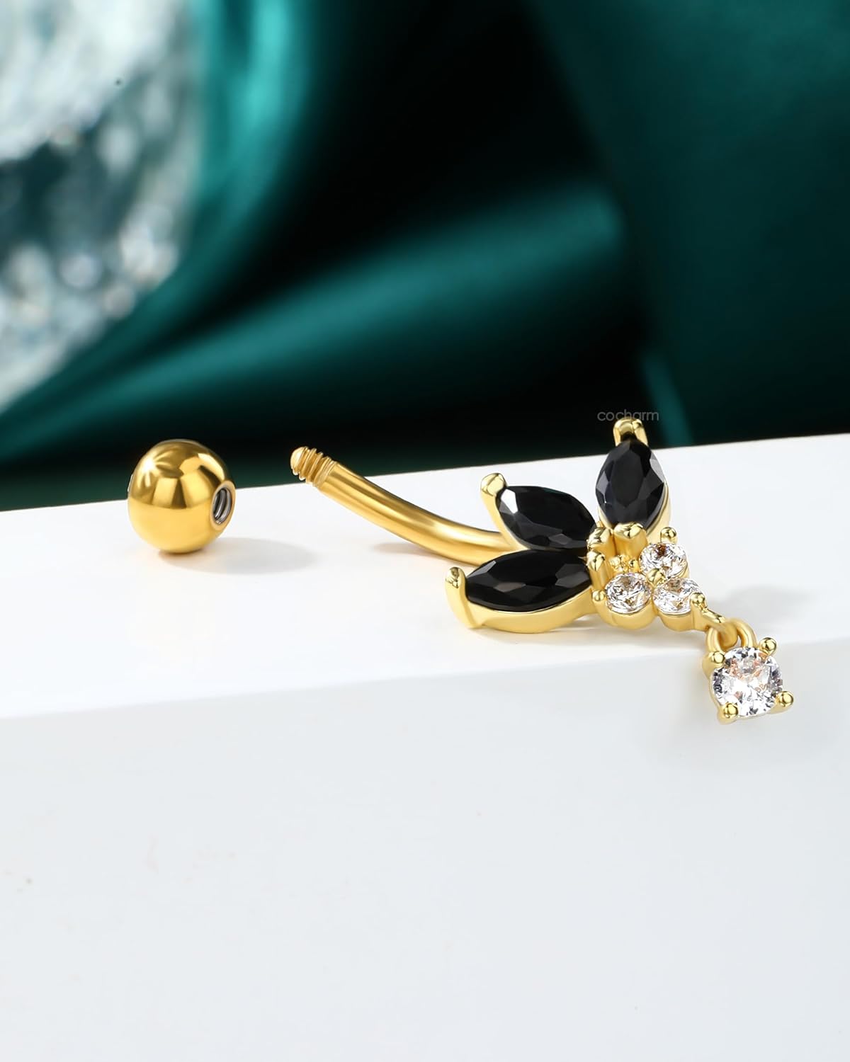 Black Lotus Belly Button Rings, 14G Gold Dangle Belly Navel Rings for Women, Stainless Steel Belly Navel Piercing Jewelry - 我的商店我的商店我的商店