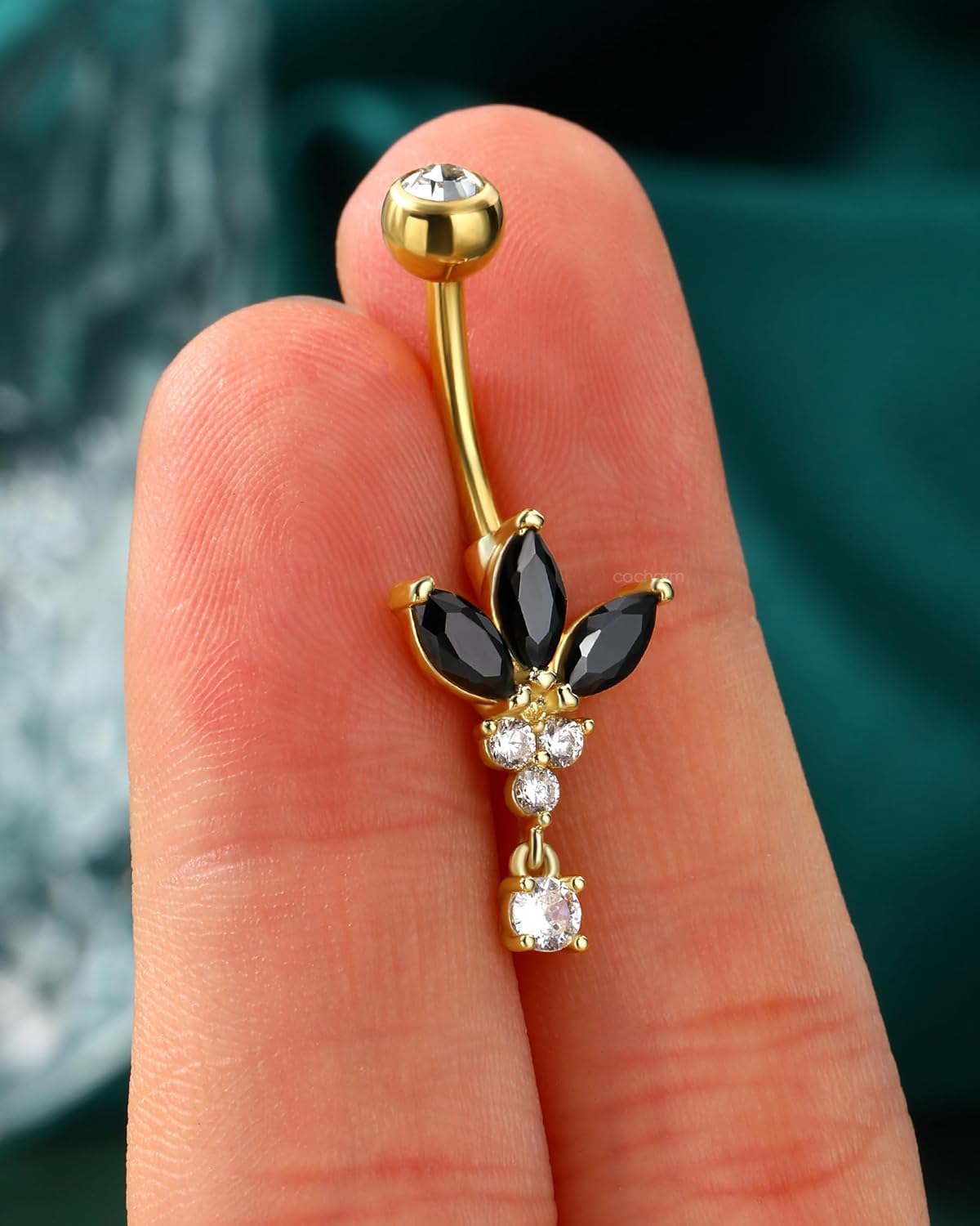 Black Lotus Belly Button Rings, 14G Gold Dangle Belly Navel Rings for Women, Stainless Steel Belly Navel Piercing Jewelry - 我的商店我的商店我的商店