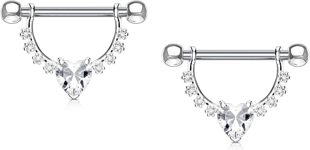 Body Jewelry Pair of Surgical Steel 1/2 Inch (12mm) D - Ring Style CZ Heart Dangle Nipple Barbells - QIAO CrystalQIAO CrystalQIAO Crystal