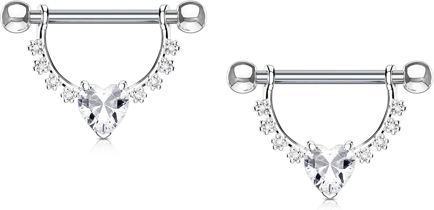 Body Jewelry Pair of Surgical Steel 1/2 Inch (12mm) D - Ring Style CZ Heart Dangle Nipple Barbells - QIAO CrystalQIAO CrystalQIAO Crystal