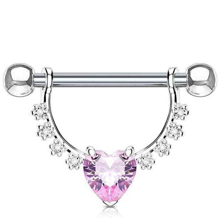 Body Jewelry Pair of Surgical Steel 1/2 Inch (12mm) D - Ring Style CZ Heart Dangle Nipple Barbells - QIAO CrystalQIAO CrystalQIAO Crystal
