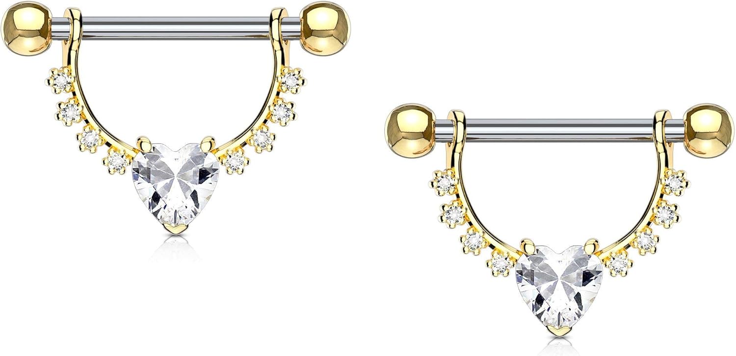 Body Jewelry Pair of Surgical Steel 1/2 Inch (12mm) D - Ring Style CZ Heart Dangle Nipple Barbells - QIAO CrystalQIAO CrystalQIAO Crystal