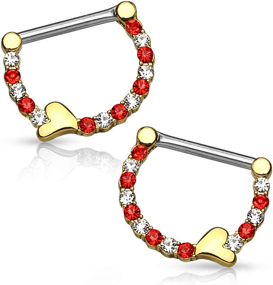 Body Jewelry Pair of Surgical Steel 1/2 Inch CZ Crystal Lined Sweetheart Nipple Ring Clikers - QIAO CrystalQIAO CrystalQIAO Crystal