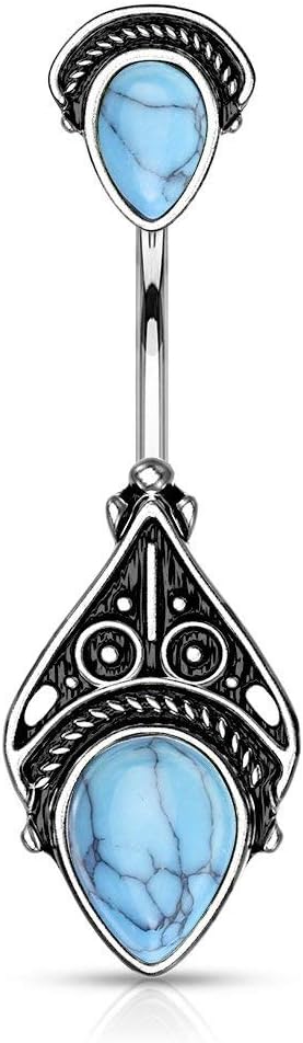 Body Jewelry Surgical Steel Tribal Vintage Filigree Belly Button Ring with Faux Semi - Precious Stones - 我的商店我的商店我的商店