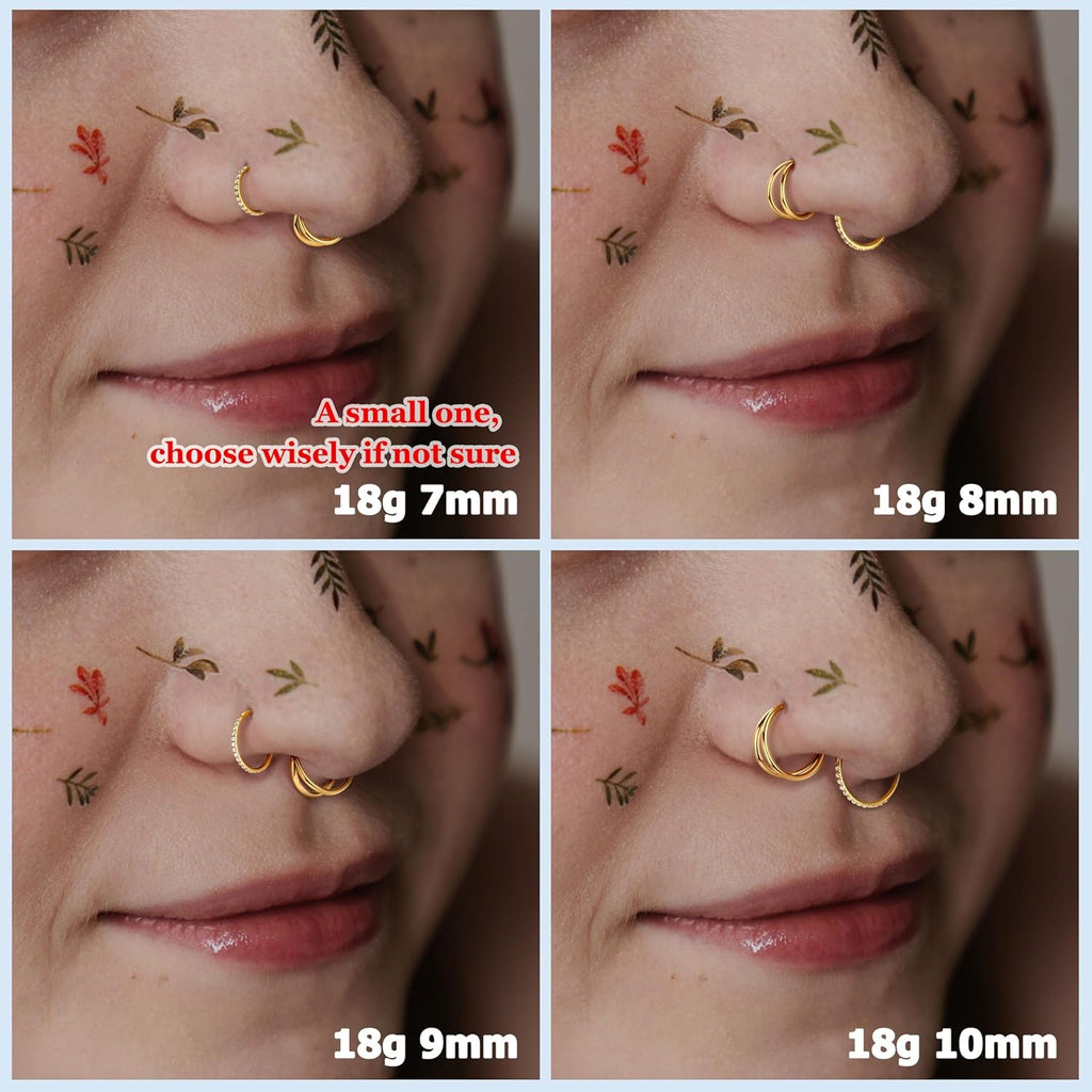 BodyBonita 3pcs Nose Rings Hoops - Double Hoop Nose Ring 14/16/18/20G Hinged CZ Piercing Jewelry Septum Clicker Rings Cartilage Earring Helix Rook Tragus Daith 7mm/8mm/9mm/10mm - QIAO CrystalQIAO CrystalQIAO Crystal