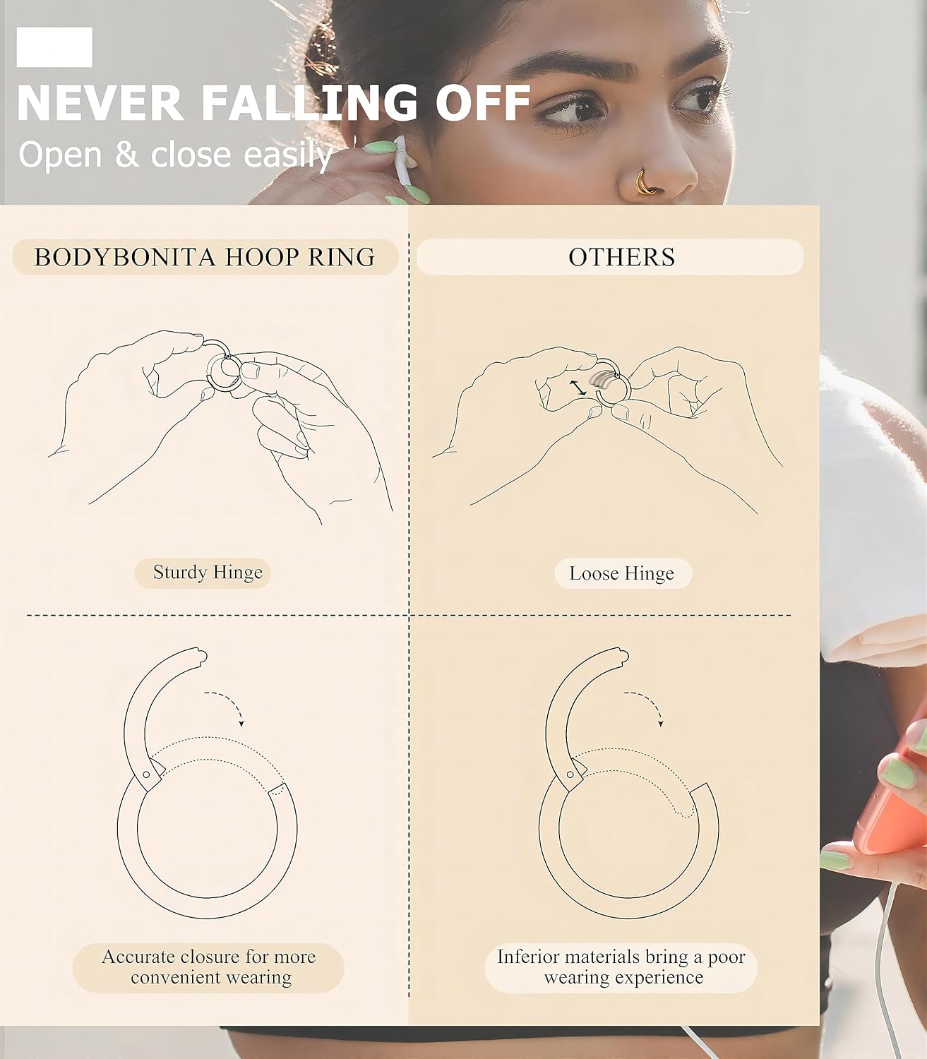 BodyBonita 3pcs Nose Rings Hoops - Double Hoop Nose Ring 14/16/18/20G Hinged CZ Piercing Jewelry Septum Clicker Rings Cartilage Earring Helix Rook Tragus Daith 7mm/8mm/9mm/10mm - QIAO CrystalQIAO CrystalQIAO Crystal