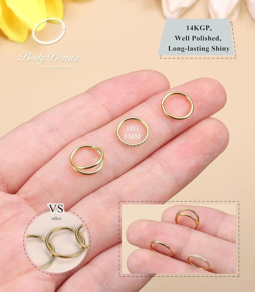 BodyBonita 3pcs Nose Rings Hoops - Double Hoop Nose Ring 14/16/18/20G Hinged CZ Piercing Jewelry Septum Clicker Rings Cartilage Earring Helix Rook Tragus Daith 7mm/8mm/9mm/10mm - QIAO CrystalQIAO CrystalQIAO Crystal