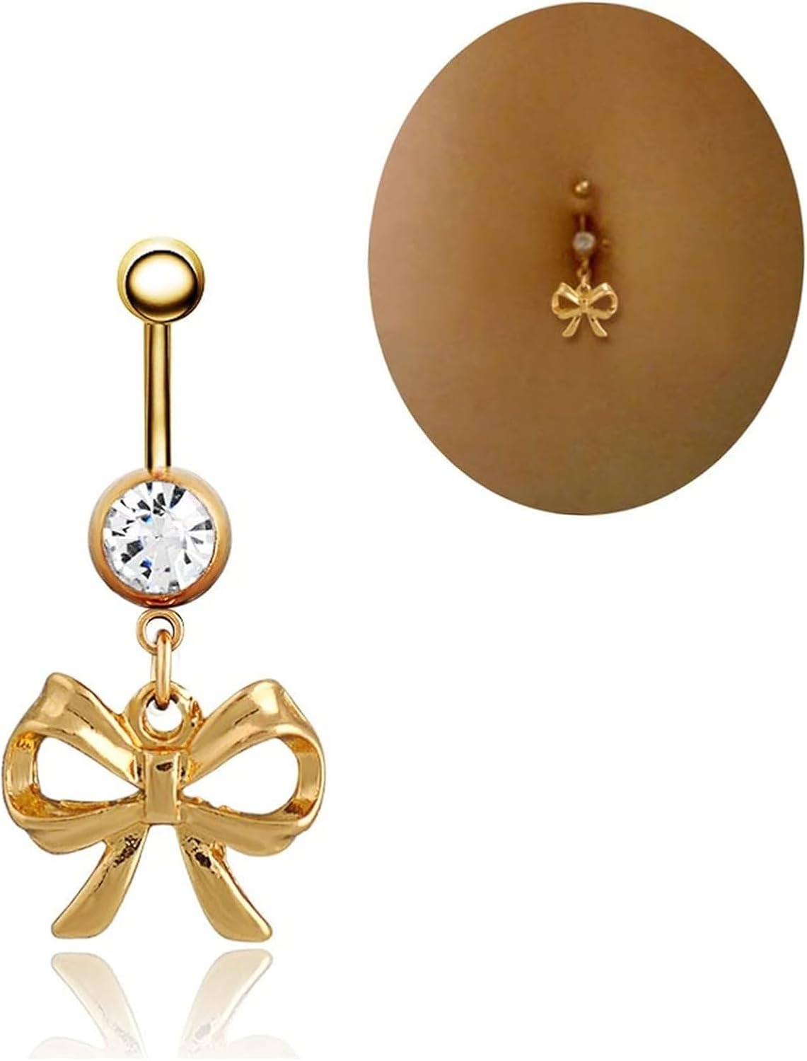 Bow Belly Button Rings 14G Surgical Stainless Steel Dangle Gold Navel Barbell Stud Cubic Zirconia Body Piercing - QIAO CrystalQIAO CrystalQIAO Crystal