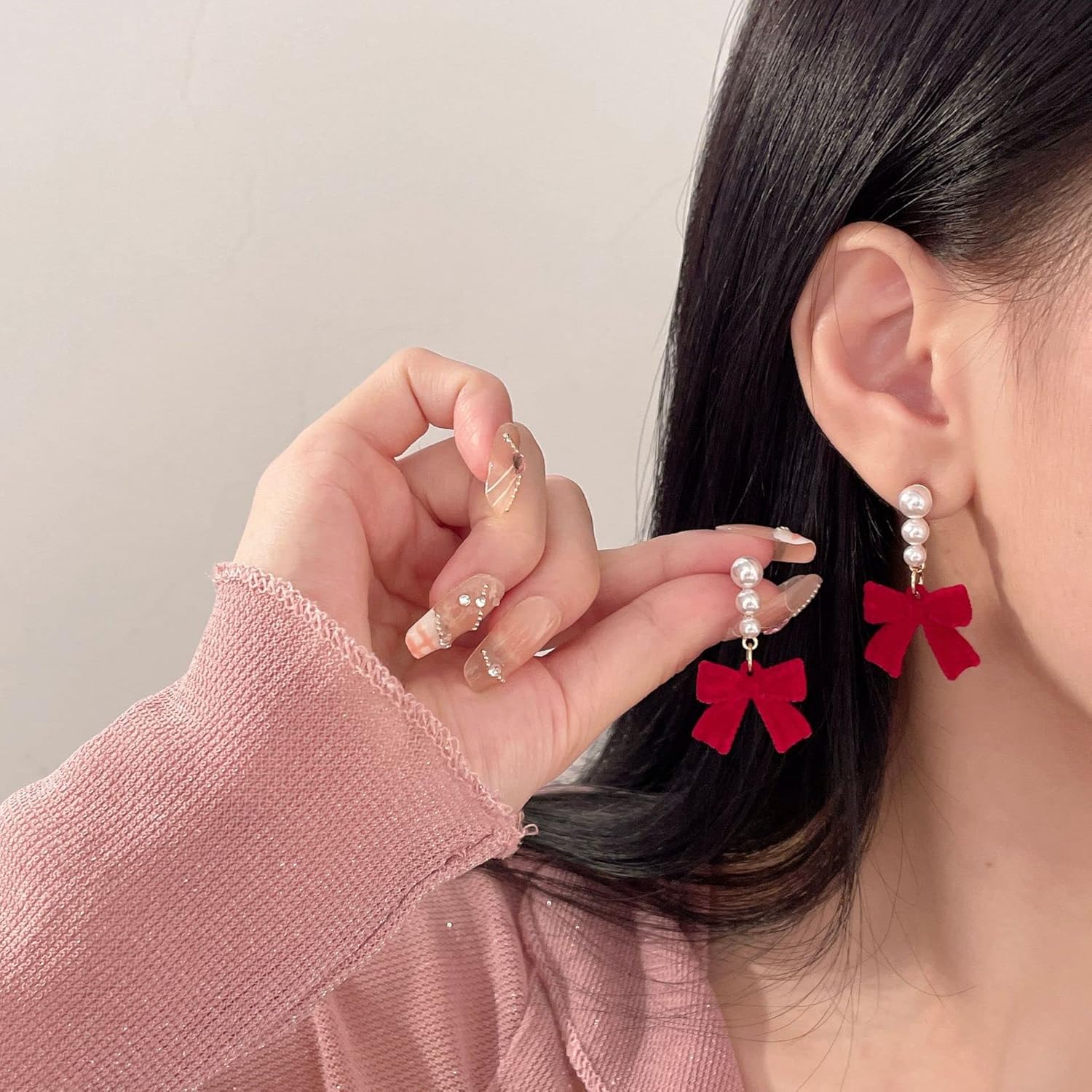 Bow Earrings for Women Red Ball Bow Earrings Pearl Bow Drop Earrings Anniversary Chrsitmas Valentine's Jewelry Holiday Gift for Women - 我的商店我的商店我的商店