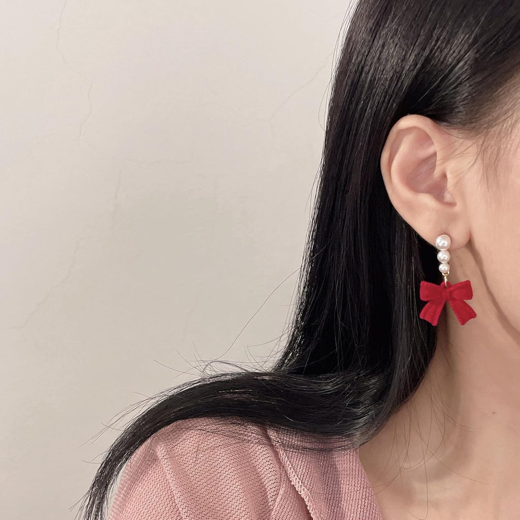 Bow Earrings for Women Red Ball Bow Earrings Pearl Bow Drop Earrings Anniversary Chrsitmas Valentine's Jewelry Holiday Gift for Women - 我的商店我的商店我的商店