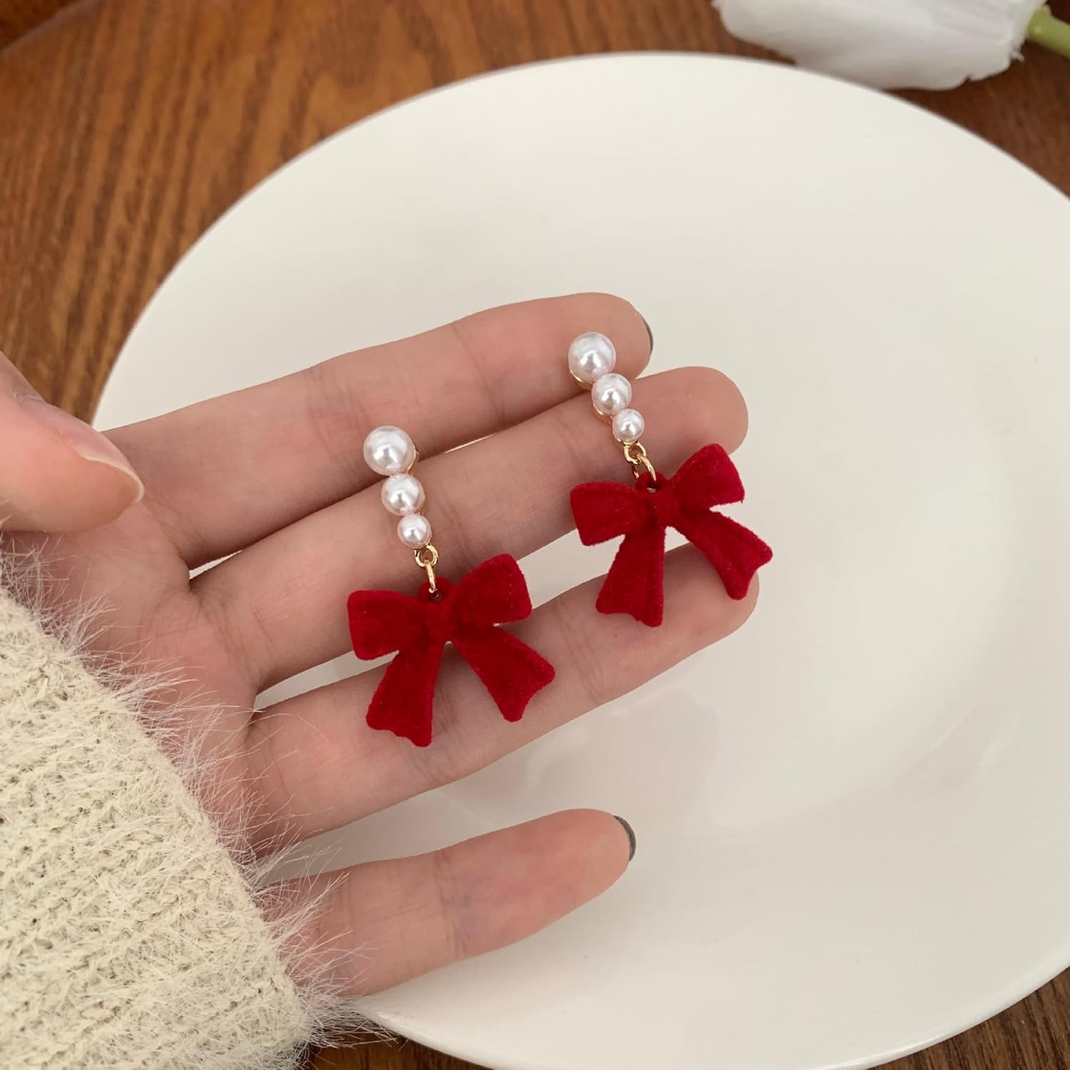 Bow Earrings for Women Red Ball Bow Earrings Pearl Bow Drop Earrings Anniversary Chrsitmas Valentine's Jewelry Holiday Gift for Women - 我的商店我的商店我的商店