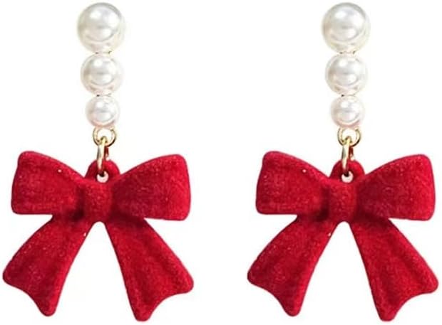 Bow Earrings for Women Red Ball Bow Earrings Pearl Bow Drop Earrings Anniversary Chrsitmas Valentine's Jewelry Holiday Gift for Women - 我的商店我的商店我的商店