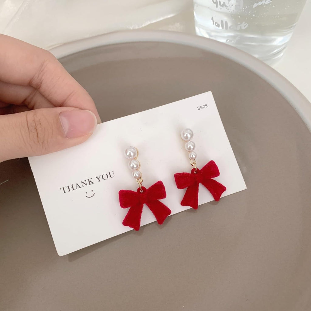 Bow Earrings for Women Red Ball Bow Earrings Pearl Bow Drop Earrings Anniversary Chrsitmas Valentine's Jewelry Holiday Gift for Women - 我的商店我的商店我的商店