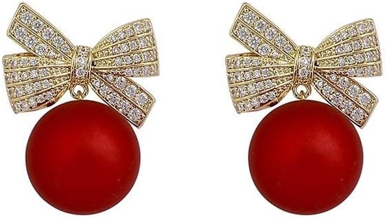 Bow Earrings for Women Red Ball Bow Earrings Pearl Bow Drop Earrings Anniversary Chrsitmas Valentine's Jewelry Holiday Gift for Women - 我的商店我的商店我的商店