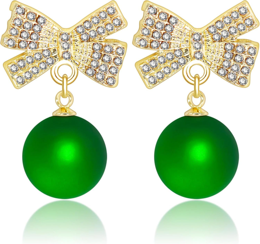Bow Pearl Earrings for Women Red Green Elegant Ribbon Earrings Dainty Pearl Bow Jewelry Gifts for Christmas Wedding Party Daily Outfits - QIAO Crystal我的商店QIAO Crystal