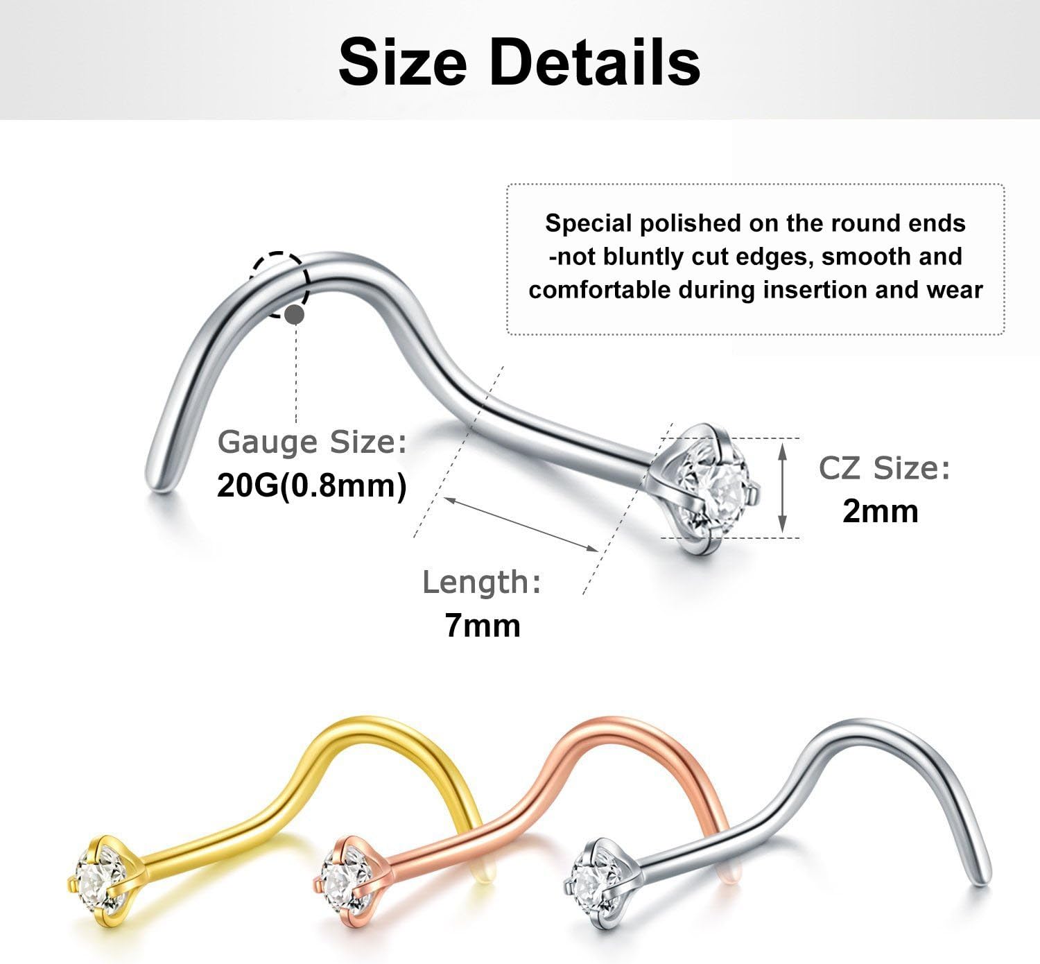 Briana Williams Nose Studs Nose Rings for Women 18G 20G Corkscrew Nose Ring Stainless Steel Nose Screw Studs Nose Rings Studs Surgical Steel Nostril Nose Piercing Jewelry - QIAO CrystalQIAO CrystalQIAO Crystal