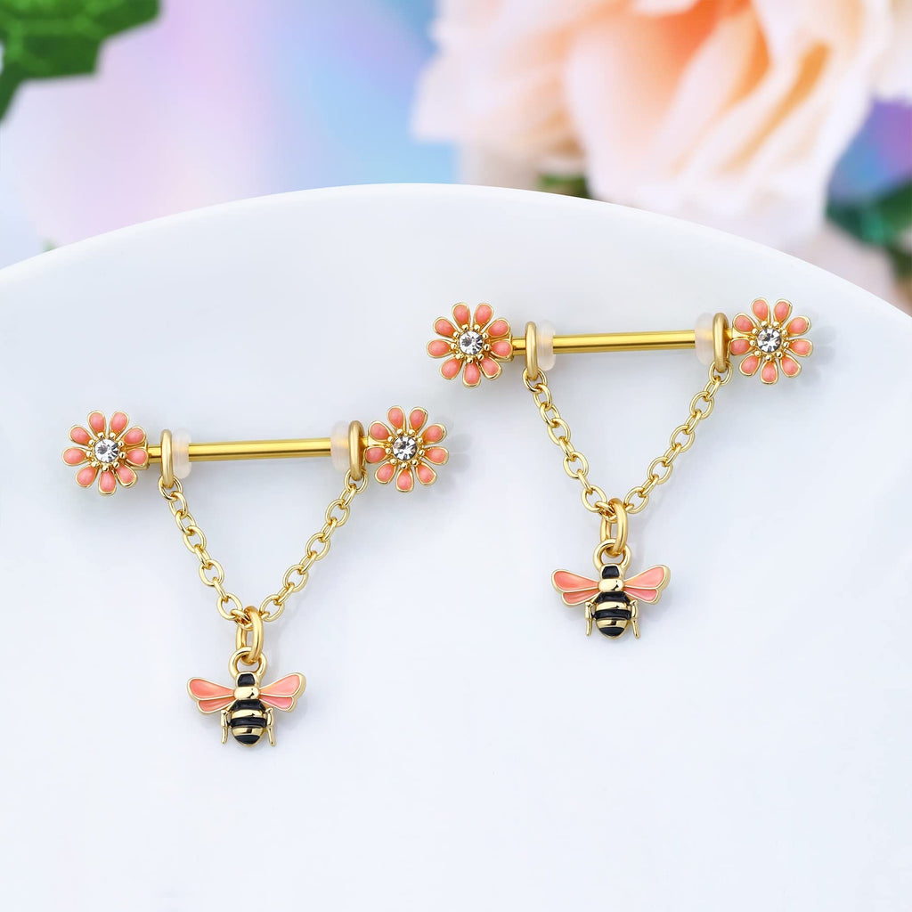 Chain Nipple Shield Rings - Dainty Bee Nipple Piercing Barbells 14G Dangle Rings - QIAO Crystal我的商店QIAO Crystal