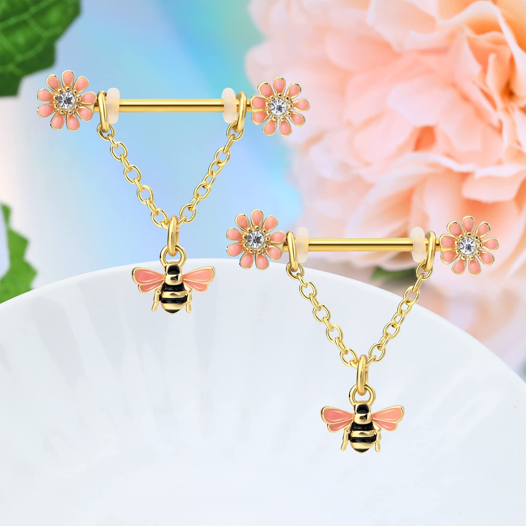 Chain Nipple Shield Rings - Dainty Bee Nipple Piercing Barbells 14G Dangle Rings - QIAO Crystal我的商店QIAO Crystal