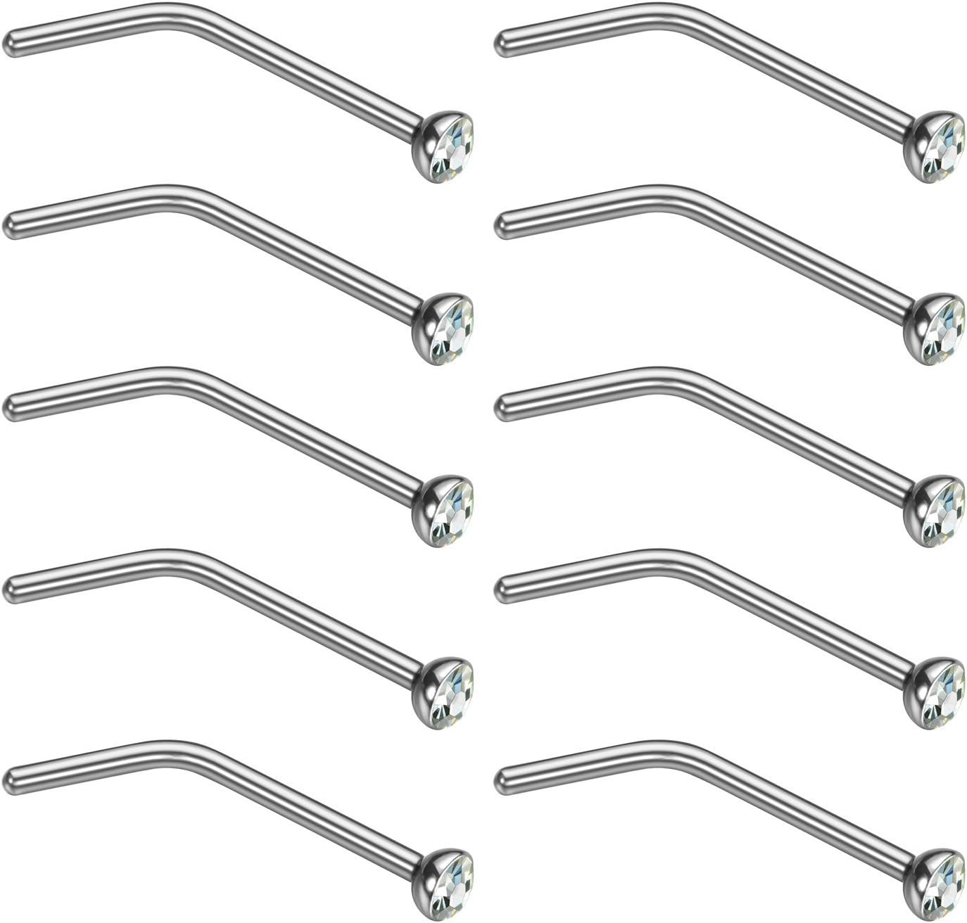 Charisma Small Nose Studs Stainless Steel Curved Nose Stud Bend L Shape Nose Ring Screw Piercing Jewelry Tiny Bone Studs for Women Men Hypoallergenic 20G (10pcs,Clear CZ, L - shape,1.8mm) - QIAO CrystalQIAO CrystalQIAO Crystal