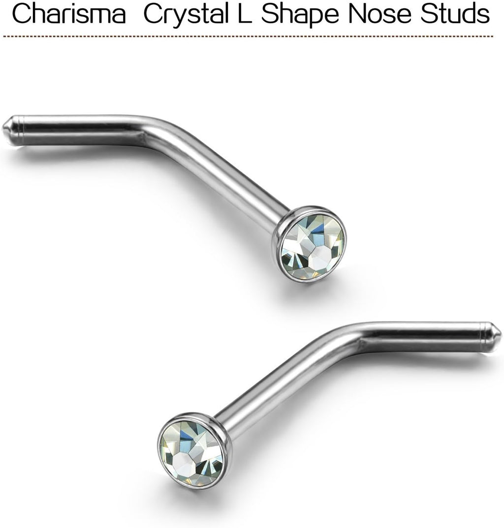 Charisma Small Nose Studs Stainless Steel Curved Nose Stud Bend L Shape Nose Ring Screw Piercing Jewelry Tiny Bone Studs for Women Men Hypoallergenic 20G (10pcs,Clear CZ, L - shape,1.8mm) - QIAO CrystalQIAO CrystalQIAO Crystal