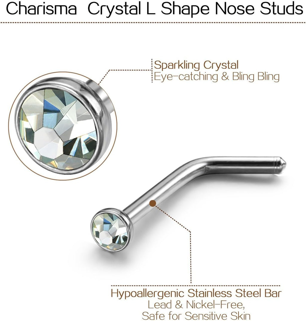 Charisma Small Nose Studs Stainless Steel Curved Nose Stud Bend L Shape Nose Ring Screw Piercing Jewelry Tiny Bone Studs for Women Men Hypoallergenic 20G (10pcs,Clear CZ, L - shape,1.8mm) - QIAO CrystalQIAO CrystalQIAO Crystal