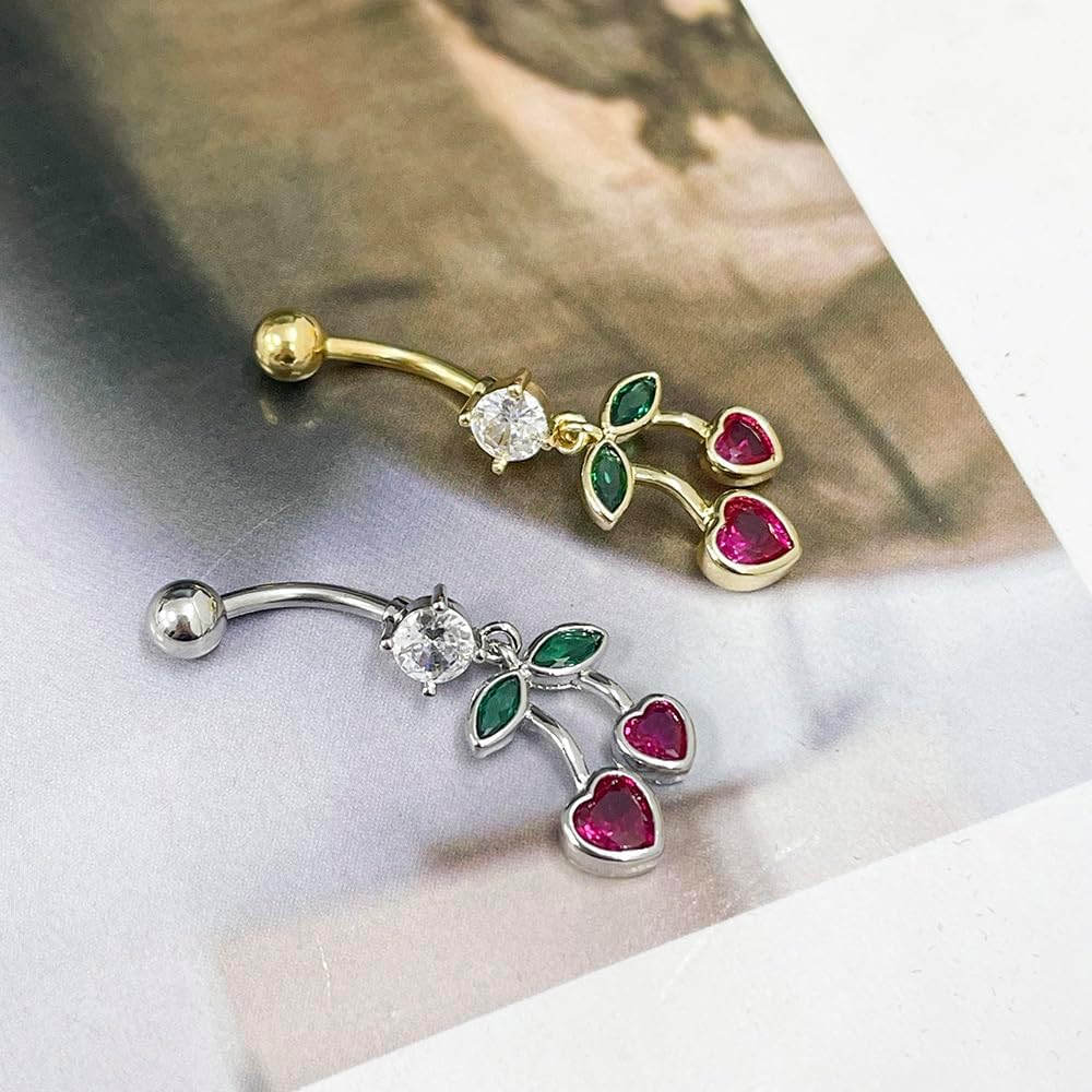 Cherry Dangle Belly Button Rings for Women 14G Stainless Steel Fruit Belly Navel Rings Internally Threaded Belly Barbell Dangling Belly Piercing Jewelry - 我的商店我的商店我的商店