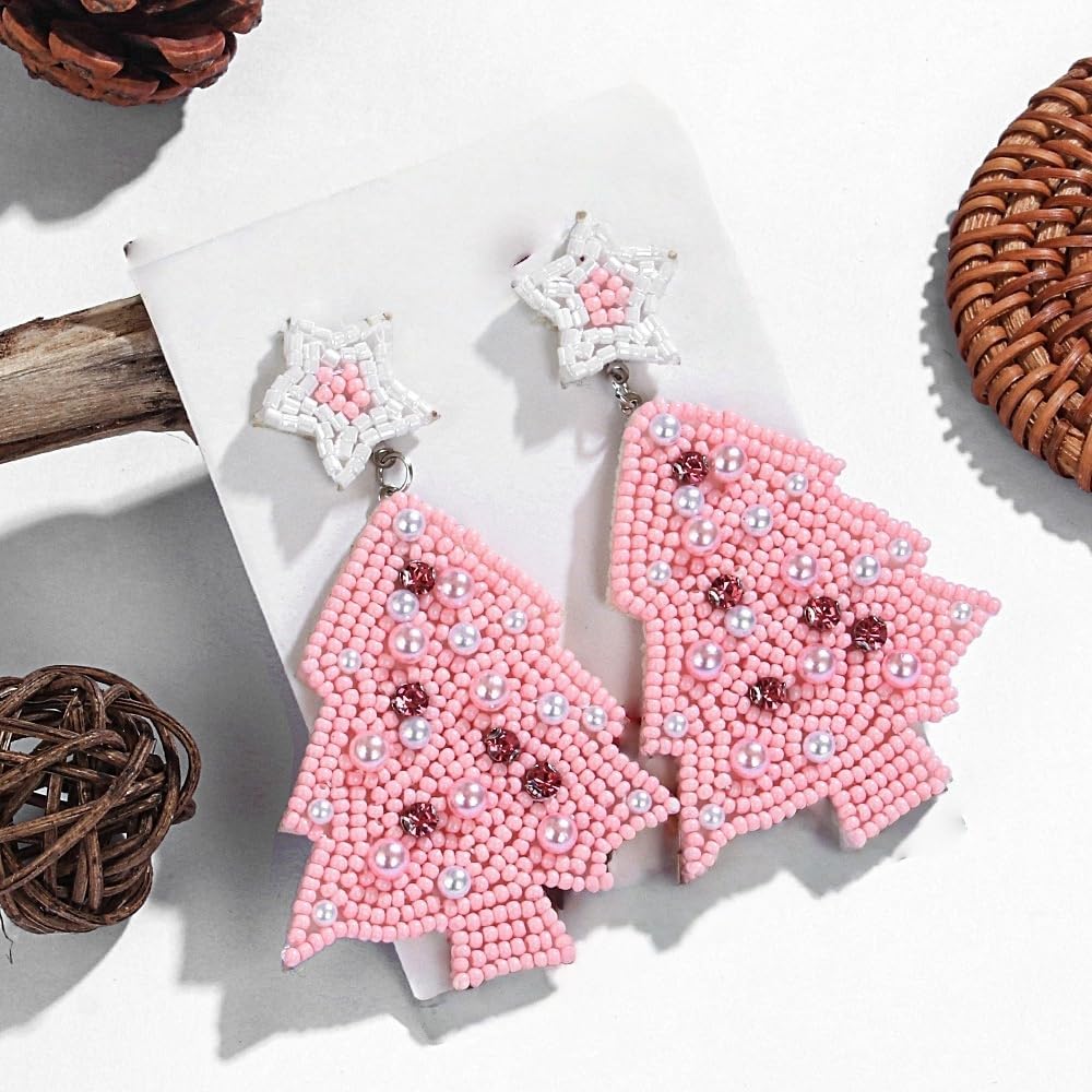 Christmas Beaded Drop Earrings for Women,Cute Handmade Bohemian Snowflake Santa Tree Stocking Gifts Small Beads Earrings Fashion Festival Holiday Accessories Jewelry Gift for Her - QIAO Crystal我的商店QIAO Crystal