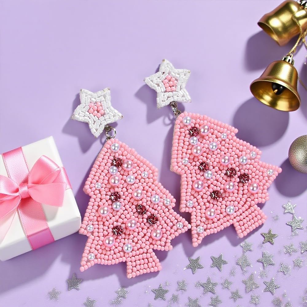 Christmas Beaded Drop Earrings for Women,Cute Handmade Bohemian Snowflake Santa Tree Stocking Gifts Small Beads Earrings Fashion Festival Holiday Accessories Jewelry Gift for Her - QIAO Crystal我的商店QIAO Crystal