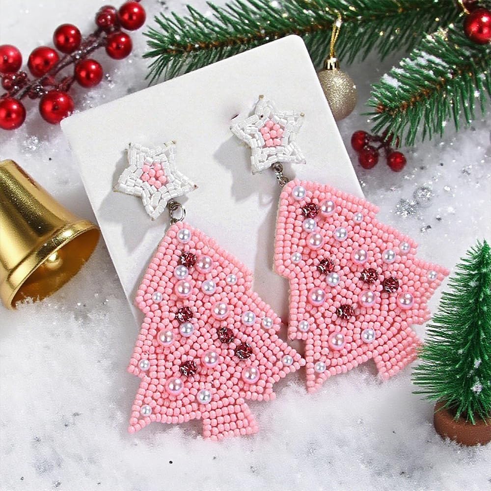 Christmas Beaded Drop Earrings for Women,Cute Handmade Bohemian Snowflake Santa Tree Stocking Gifts Small Beads Earrings Fashion Festival Holiday Accessories Jewelry Gift for Her - QIAO Crystal我的商店QIAO Crystal