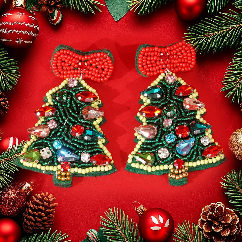 Christmas Beaded Statement Dangle Earrings for Women - Handmade Tree Drop Dangling Jewelry, Cute Xmas Santa Snowflake Stocking Holiday Jewelry Gifts - QIAO Crystal我的商店QIAO Crystal