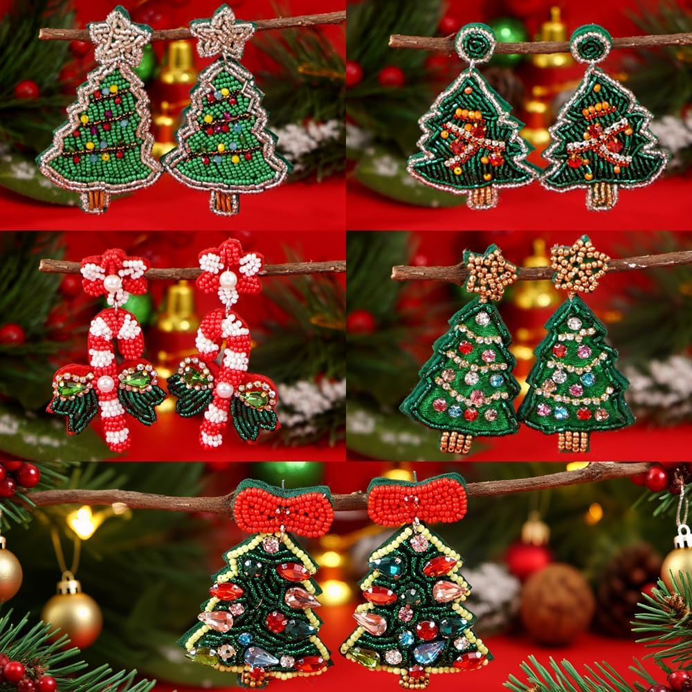 Christmas Beaded Statement Dangle Earrings for Women - Handmade Tree Drop Dangling Jewelry, Cute Xmas Santa Snowflake Stocking Holiday Jewelry Gifts - QIAO Crystal我的商店QIAO Crystal