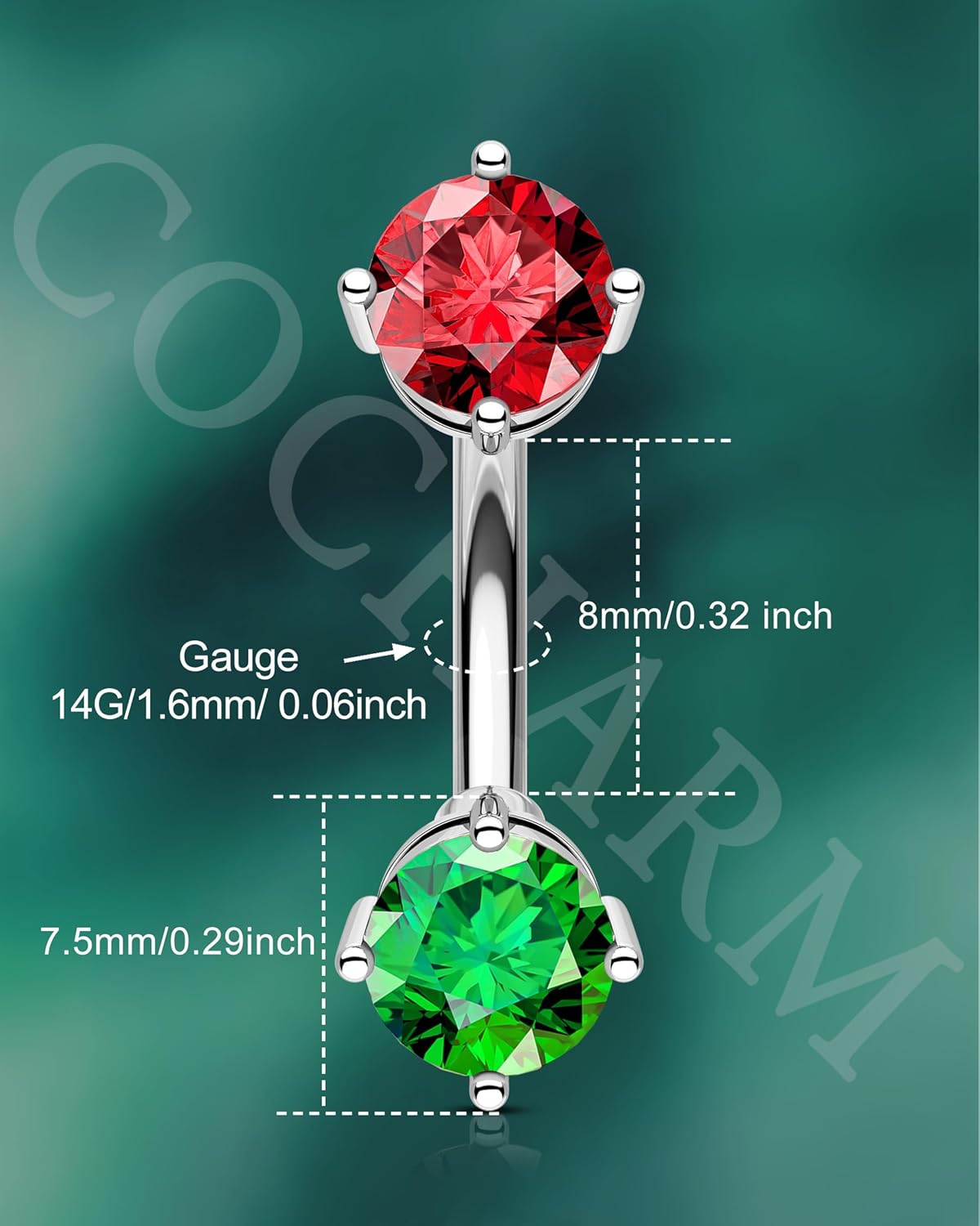Christmas Belly Button Rings 14G Red and Green CZ Belly Navel Rings for Women Surgical Steel Belly Button Piercing 8/10MM - 我的商店我的商店我的商店