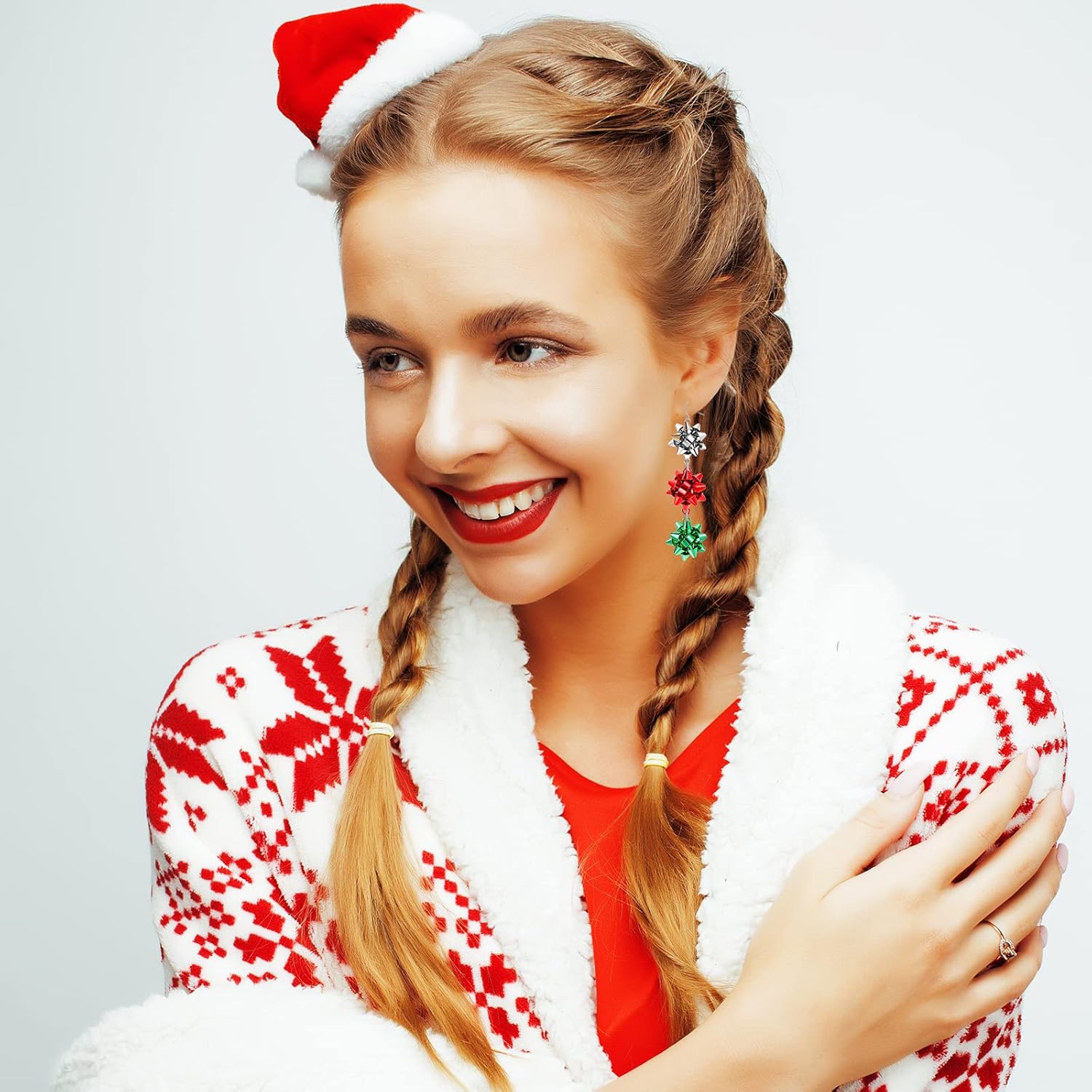 Christmas Bow Earrings Holiday Xmas Bow Earrings for Women Red Green White Bow Drop Dangle Earrings Triple Bow Earring Jewelry - 我的商店我的商店我的商店