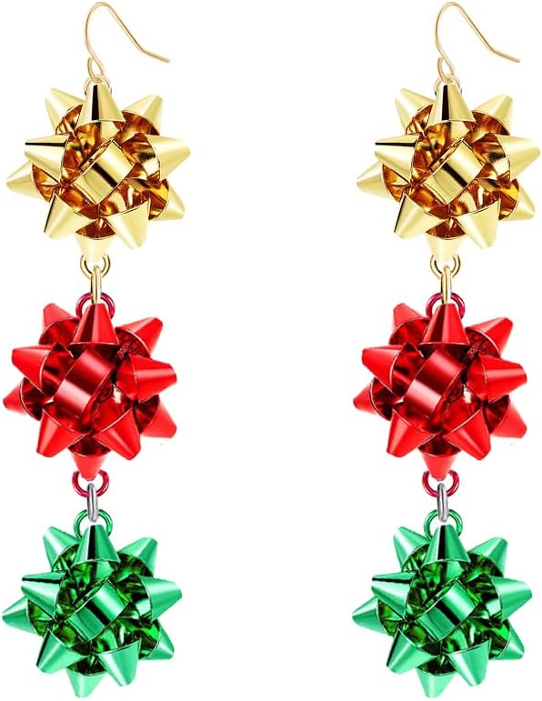 Christmas Bow Earrings Holiday Xmas Bow Earrings for Women Red Green White Bow Drop Dangle Earrings Triple Bow Earring Jewelry - 我的商店我的商店我的商店