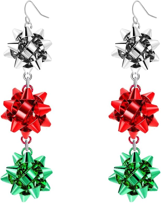 Christmas Bow Earrings Holiday Xmas Bow Earrings for Women Red Green White Bow Drop Dangle Earrings Triple Bow Earring Jewelry - 我的商店我的商店我的商店